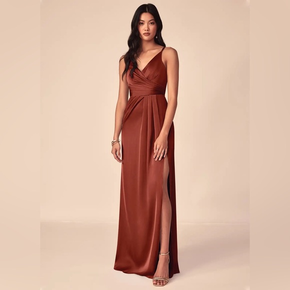Azazie Aqua Stretch Satin Dress in Terracotta - Picture 1 of 8